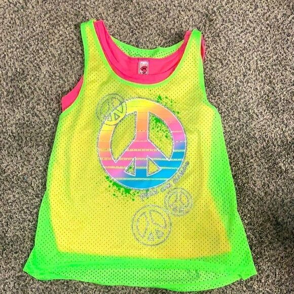 Girls Neon Green Mesh Tank Top over Neon Pink - L - Picture 1 of 3